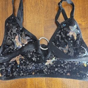 SHEIN Black Sequin Bralette with Rhinestone Detail